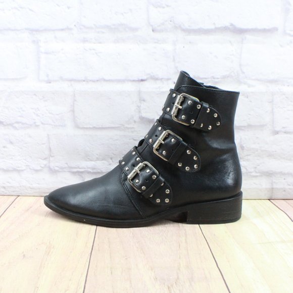 Steve Madden Shoes - Steven Maden New York Harmon Black Leather Studded Buckle Booties Size 8 M